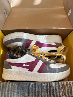 Gola Grand Slam Sneakers in White, Gray & Hot Fuscia with Yellow Laces